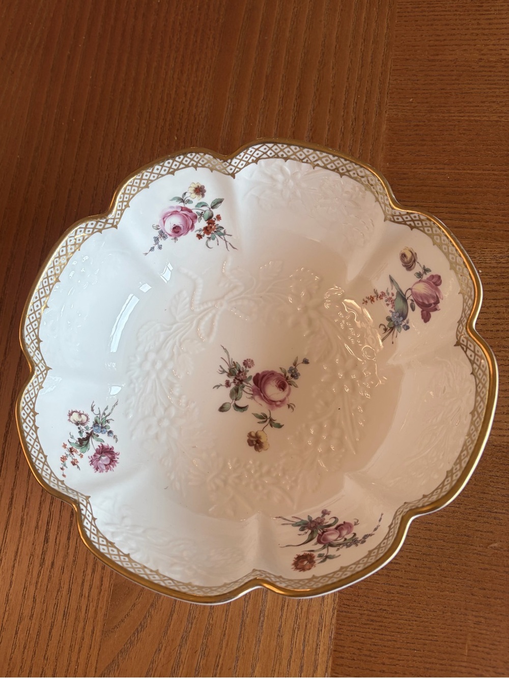 Fine Porcelain Floral Scalloped Serving Bowl - White with Pink Rose Accents